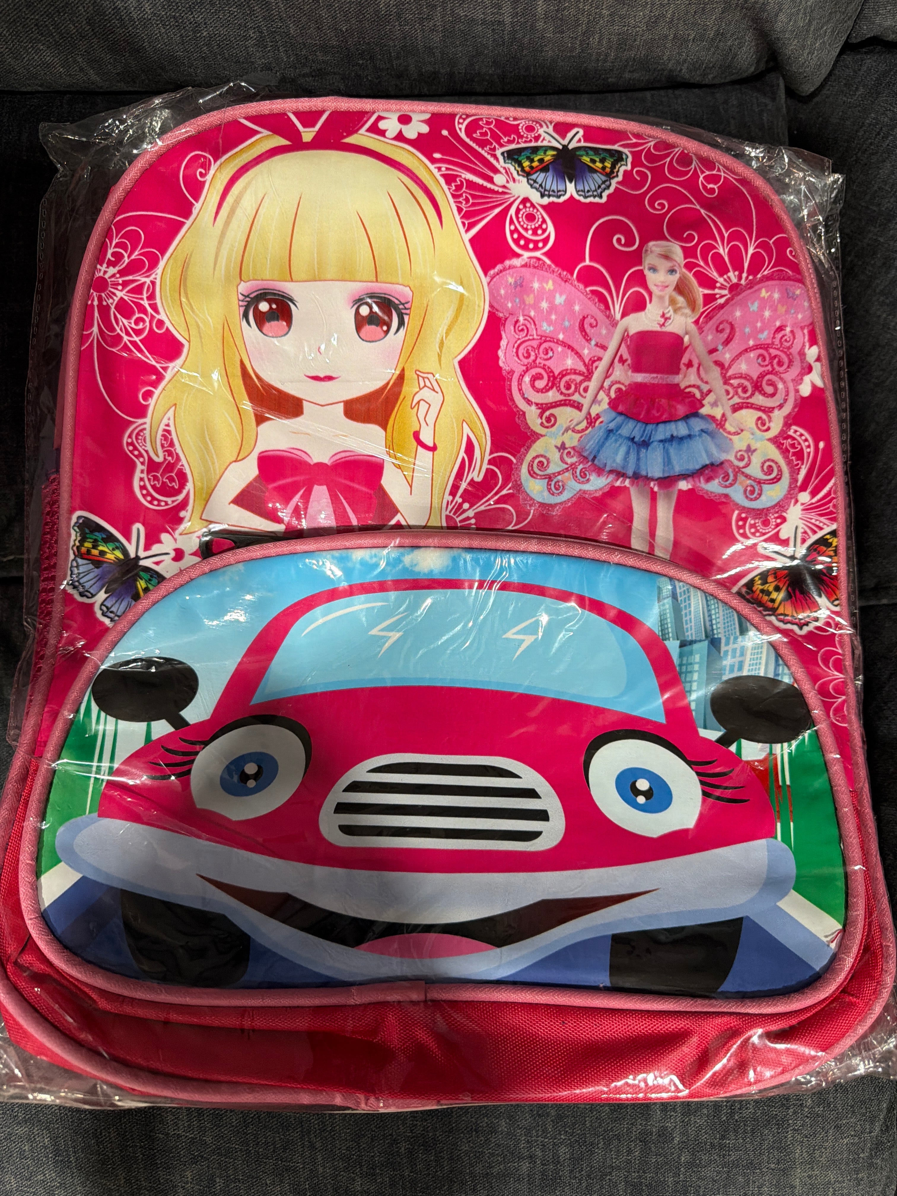 Kids Pink Fairy & Cartoon Car Backpack – School Bag