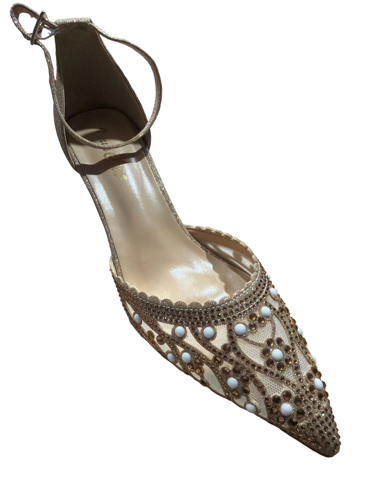 Celia Women’s Gold Rhinestone & Pearl Ankle-Strap Heels