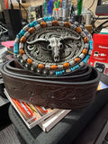 Western Longhorn Bull Skull Belt with Turquoise-Color Beaded Buckle