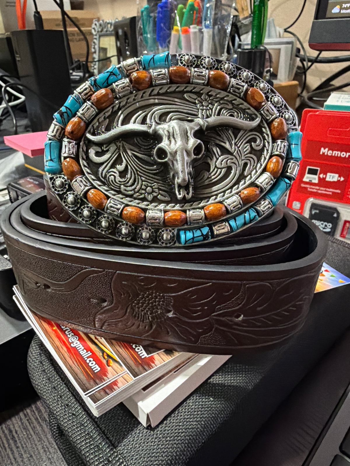 Western Longhorn Bull Skull Belt with Turquoise-Color Beaded Buckle