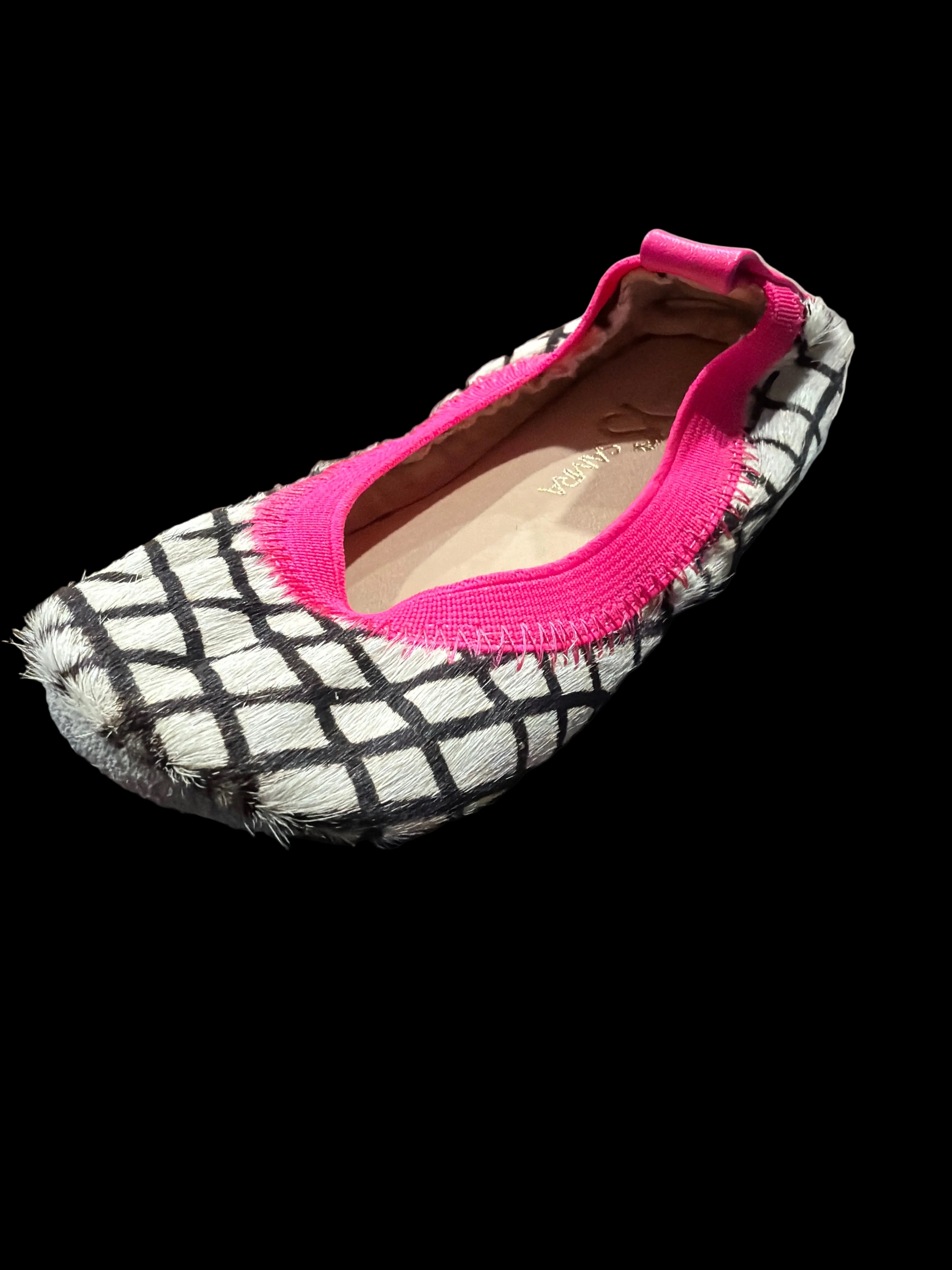 Girls’ Black-and-White Plaid Ballet Flats with Pink Trim