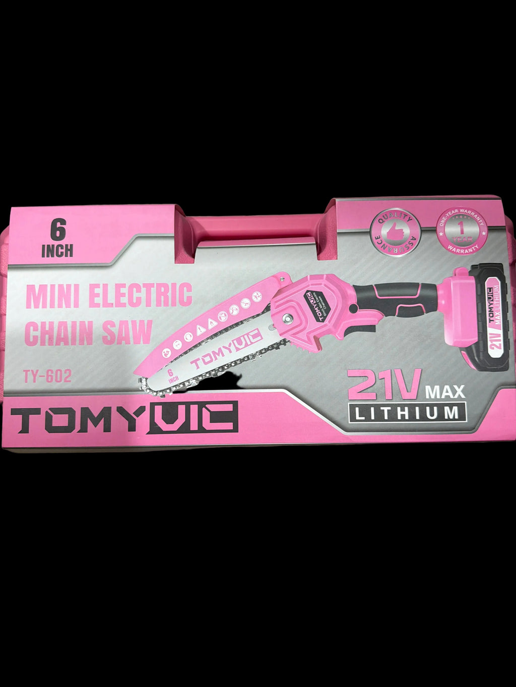 TOMYVIC TY-602 6-inch Mini Electric Chainsaw, marked 21V Max Lithium Pink