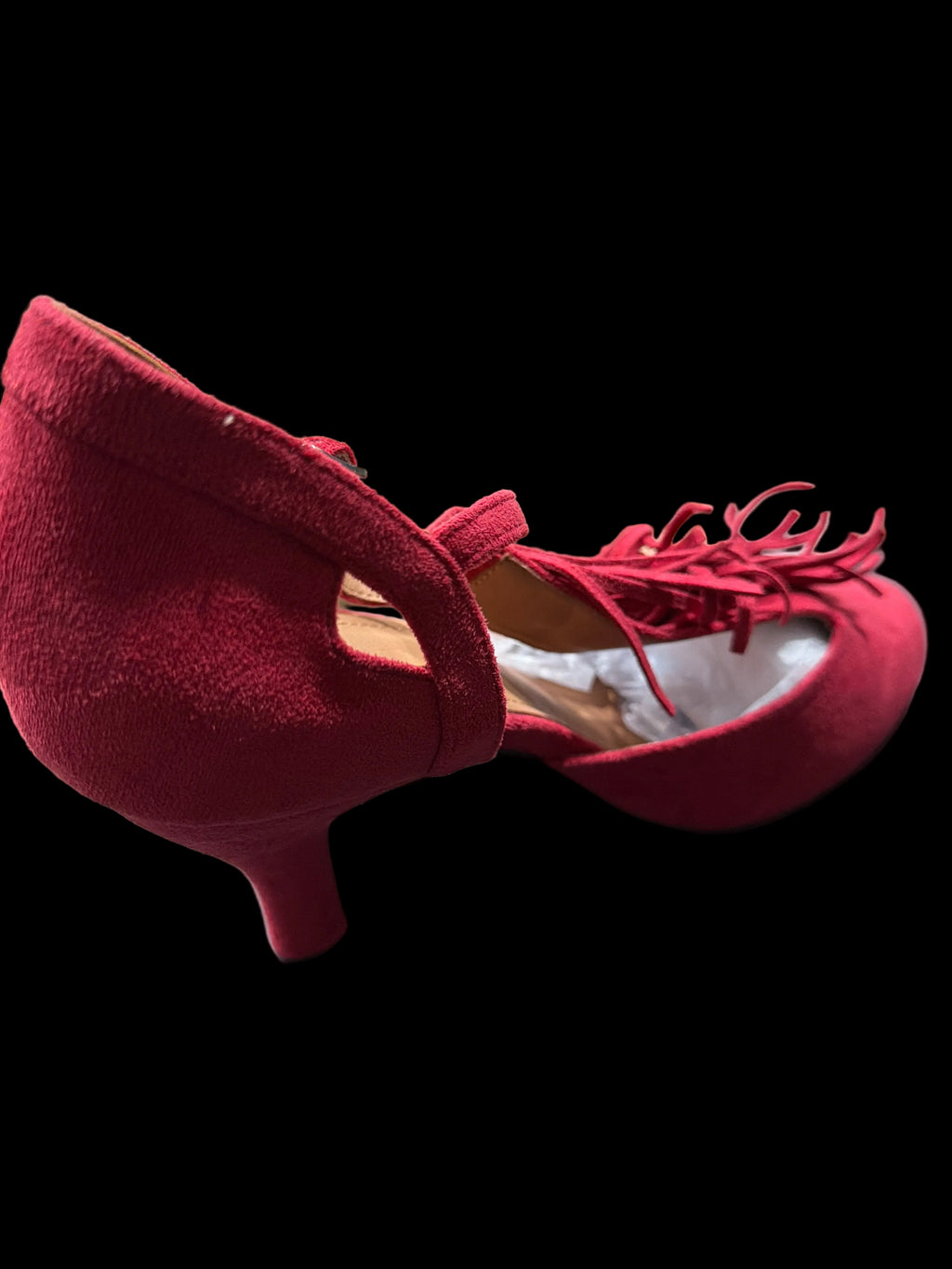Women’s Red Suede-Look Fringe T-Strap Heels