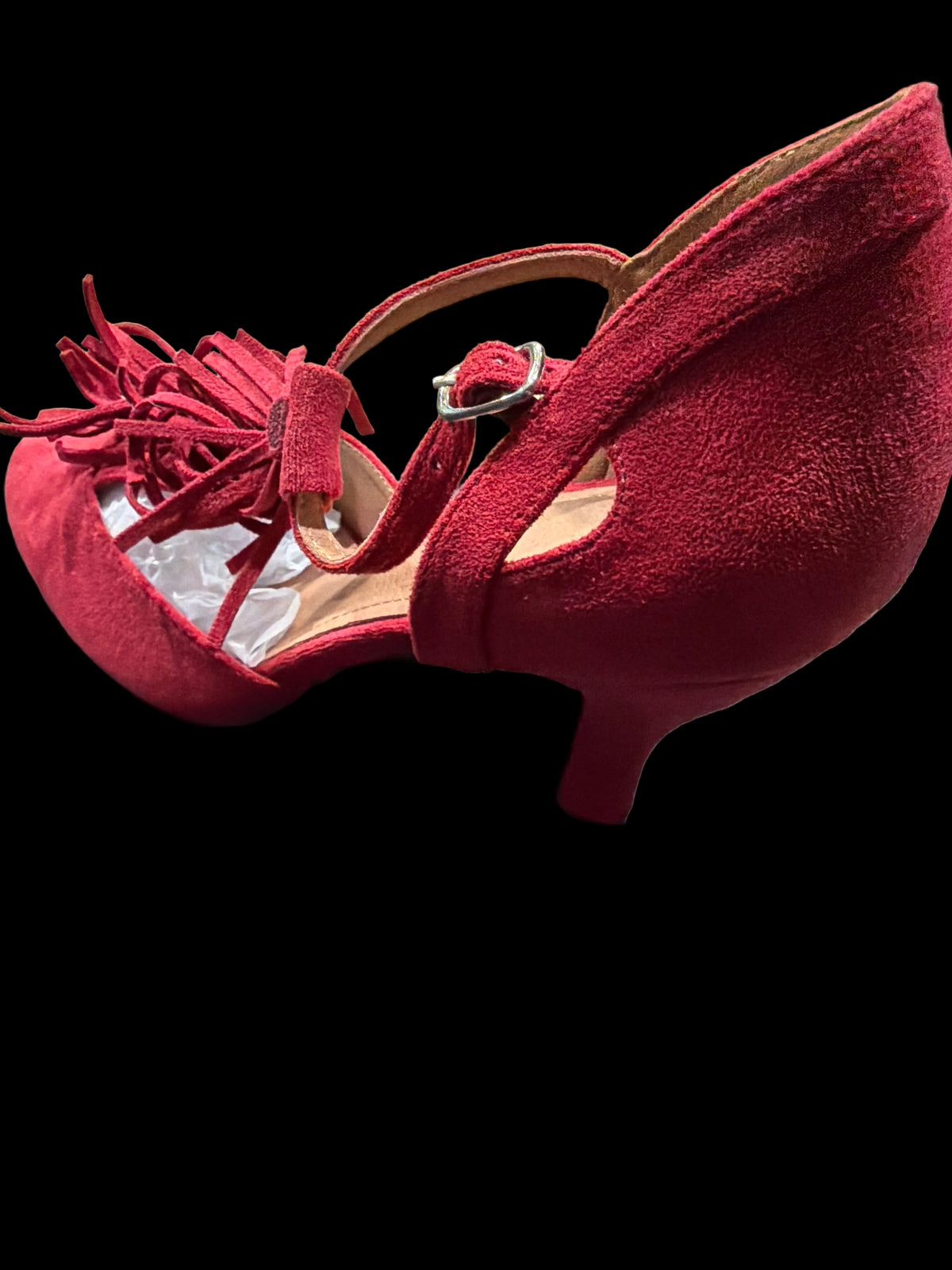 Women’s Red Suede-Look Fringe T-Strap Heels