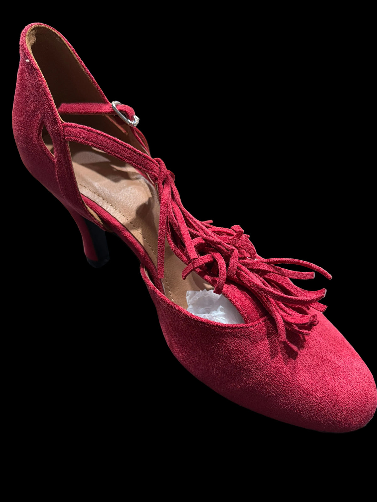 Women’s Red Suede-Look Fringe T-Strap Heels