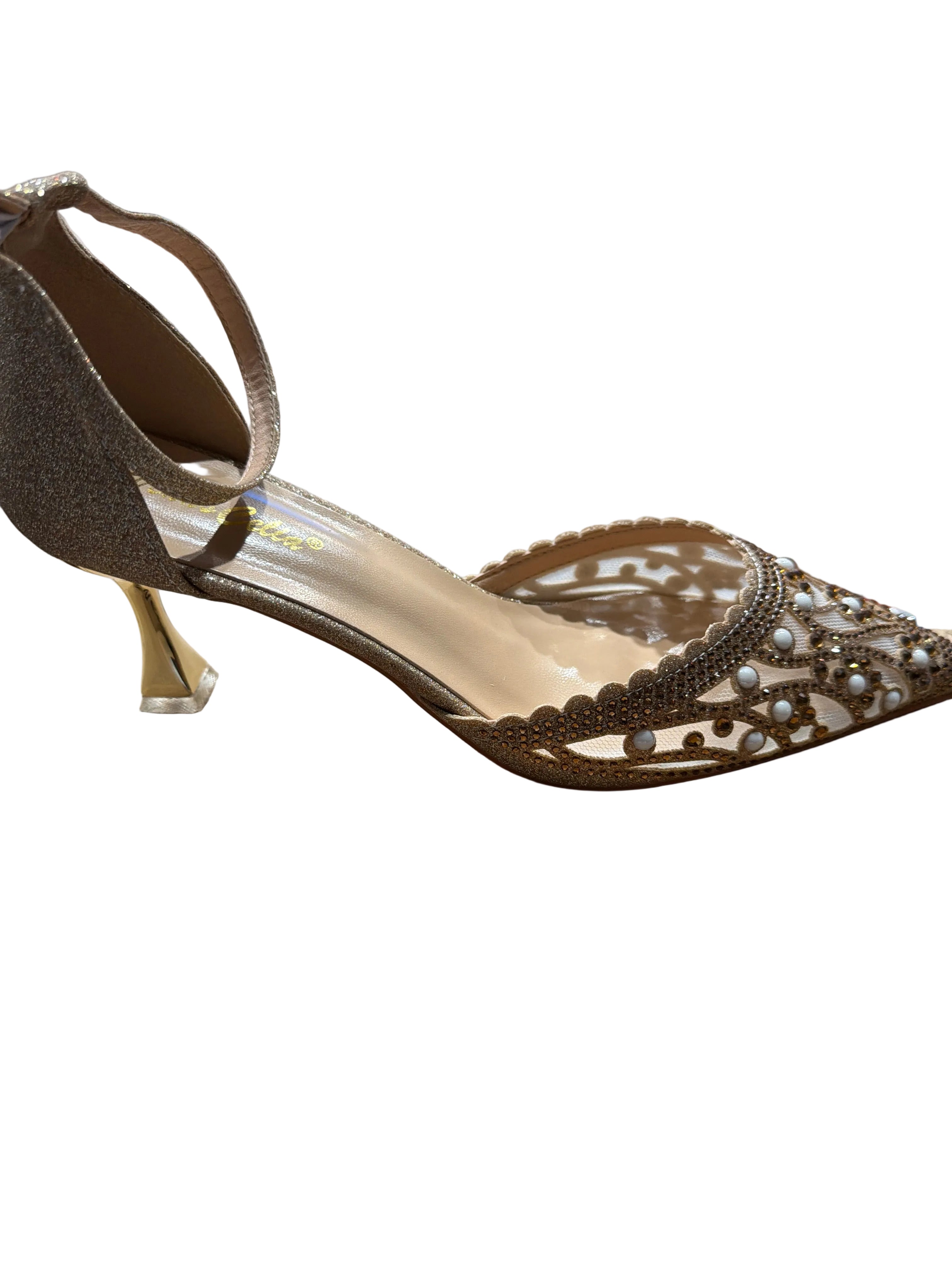 Celia Women’s Gold Rhinestone & Pearl Ankle-Strap Heels
