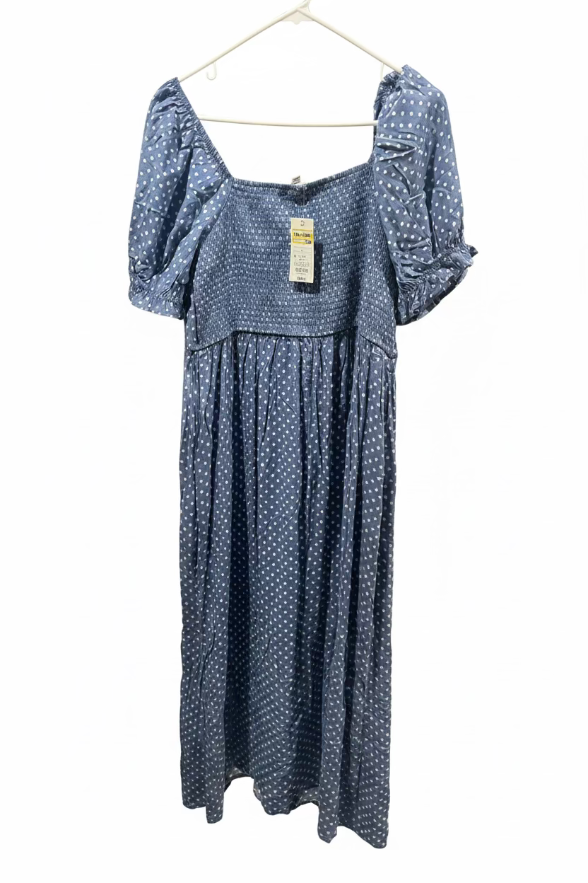 Women’s Blue Polka-Dot Smocked Puff-Sleeve Maxi Dress