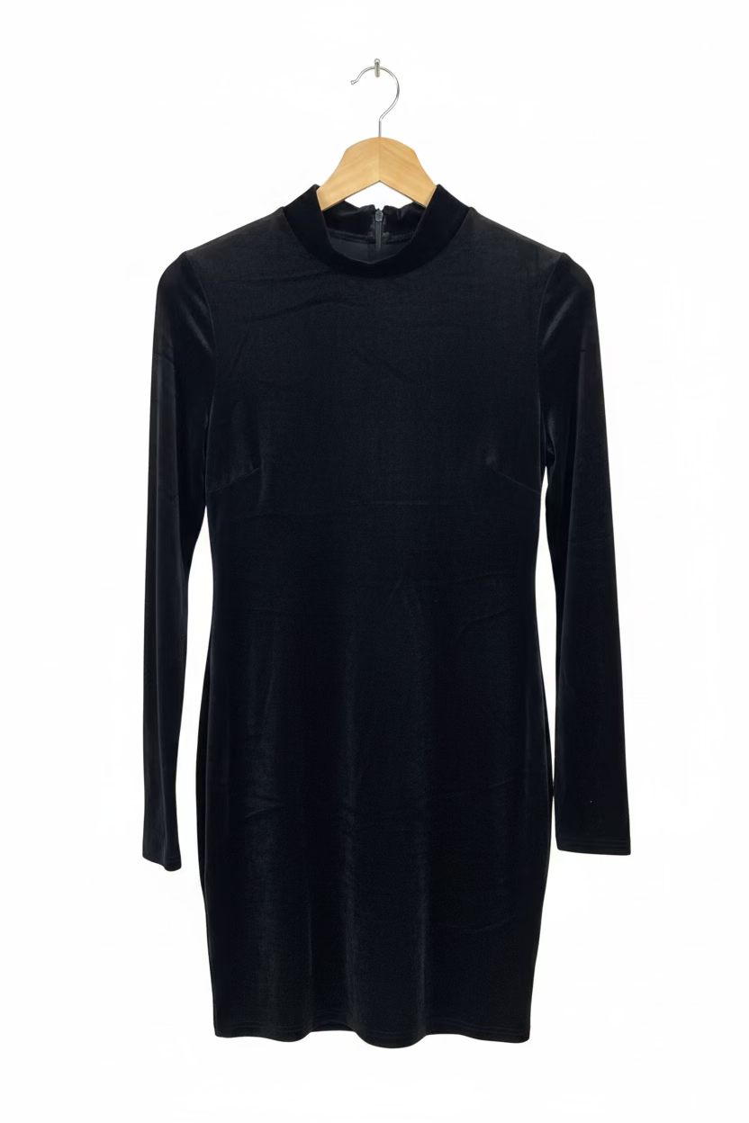 Women’s Black Velvet Mock-Neck Long-Sleeve Mini Dress