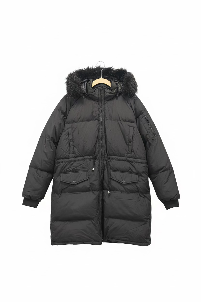 Women’s Black Long Puffer Parka with Faux-Fur Hood
