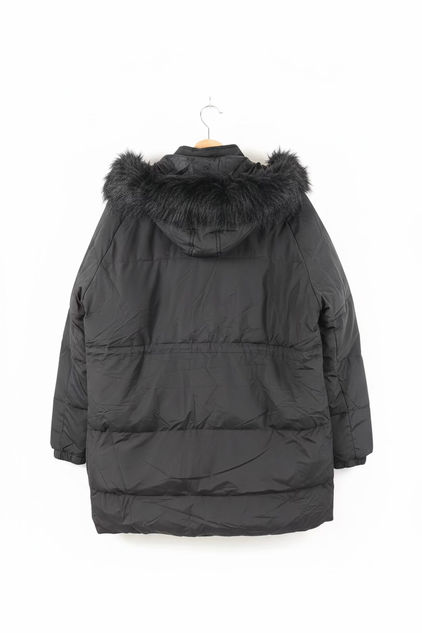 Women’s Black Long Puffer Parka with Faux-Fur Hood