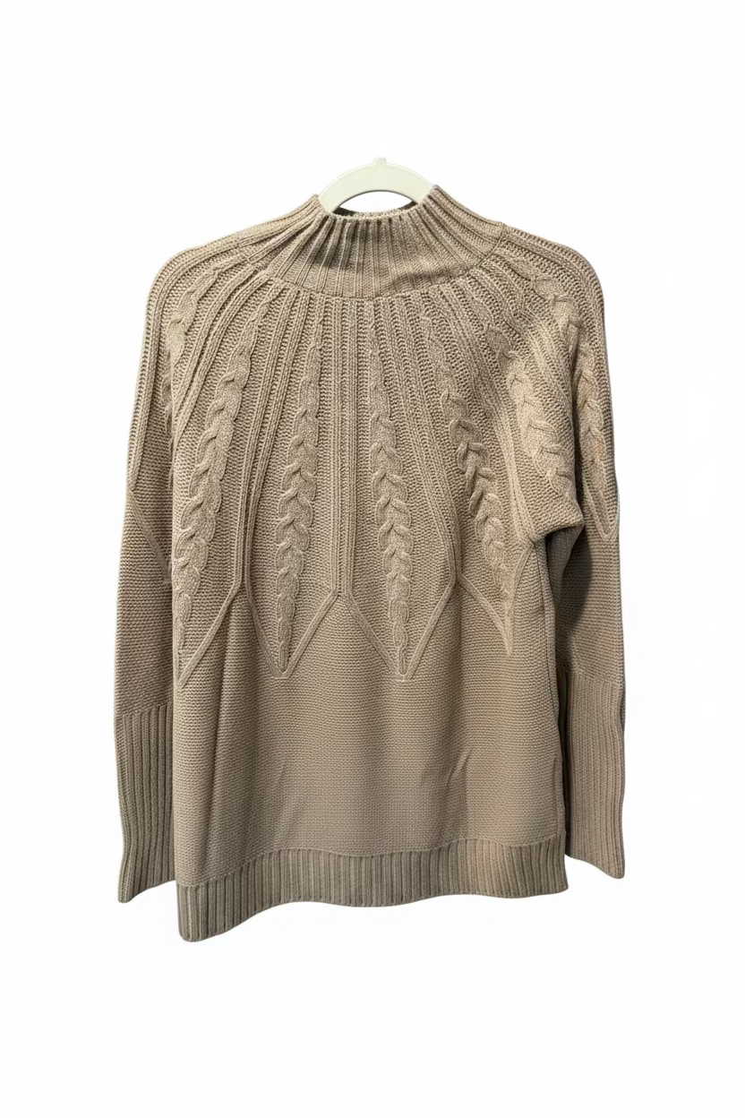 Women’s Taupe Cable-Knit Mock-Neck Sweater