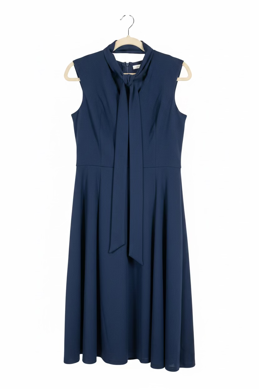 DRESSTELLS Women’s Navy Tie-Neck Fit-and-Flare Midi Dress – Size Large