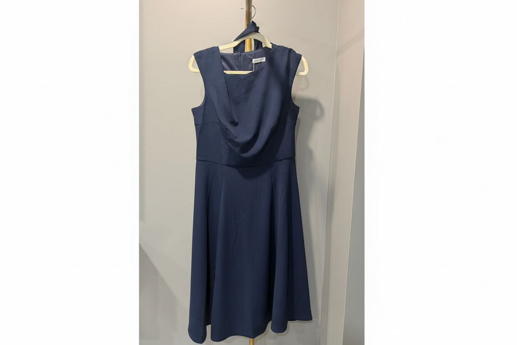 DRESSTELLS Women’s Navy Tie-Neck Fit-and-Flare Midi Dress – Size Large