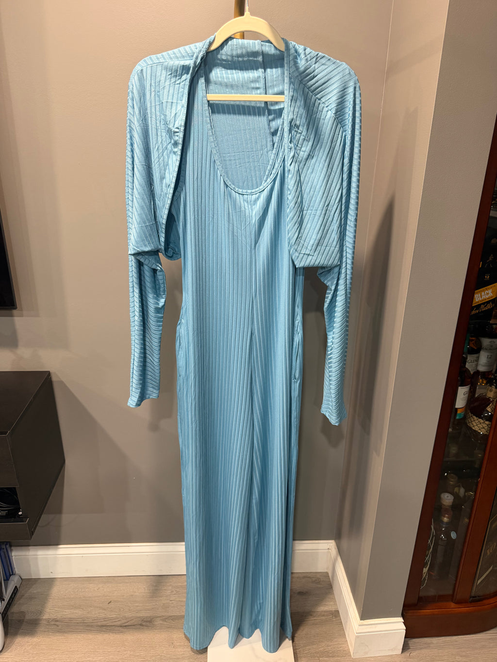 Women’s Light-Blue Ribbed Jumpsuit and Shrug Two-Piece Set – Size XL