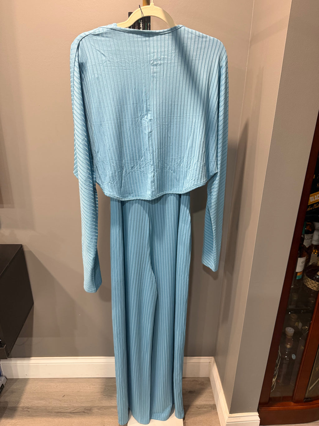 Women’s Light-Blue Ribbed Jumpsuit and Shrug Two-Piece Set – Size XL
