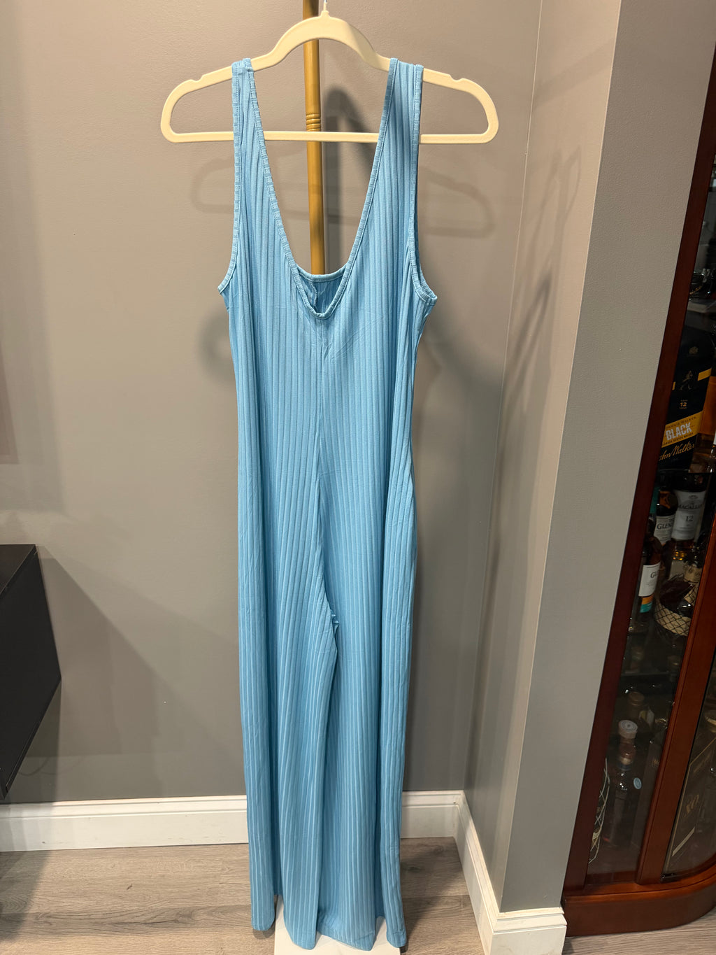 Women’s Light-Blue Ribbed Jumpsuit and Shrug Two-Piece Set – Size XL