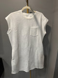 Women’s White Textured Cap-Sleeve Top with Front Pocket