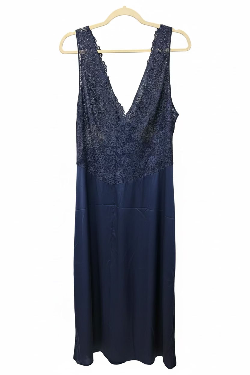 Women’s Navy Blue Lace and Satin Maxi Nightgown