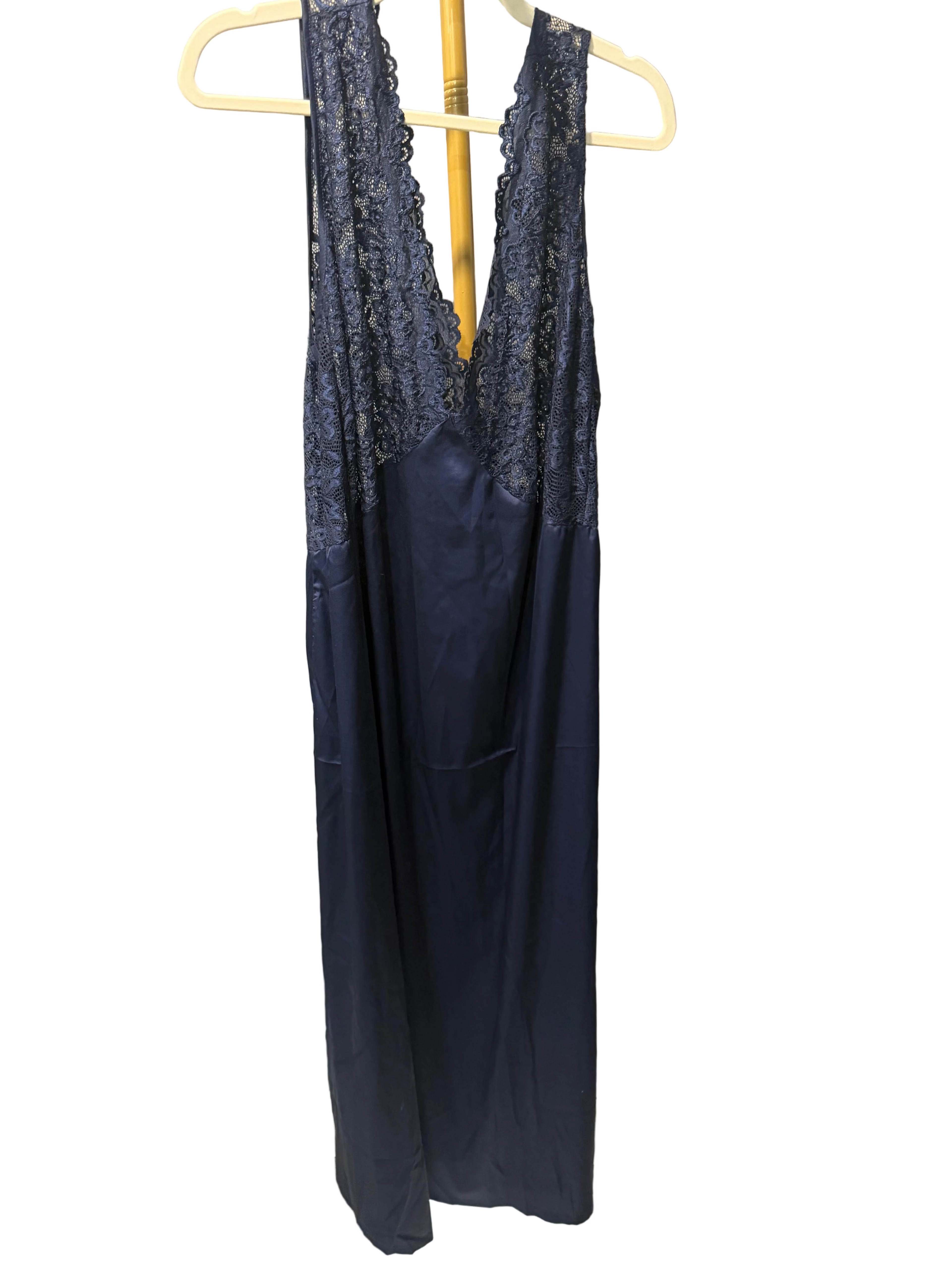 Women’s Navy Blue Lace and Satin Maxi Nightgown
